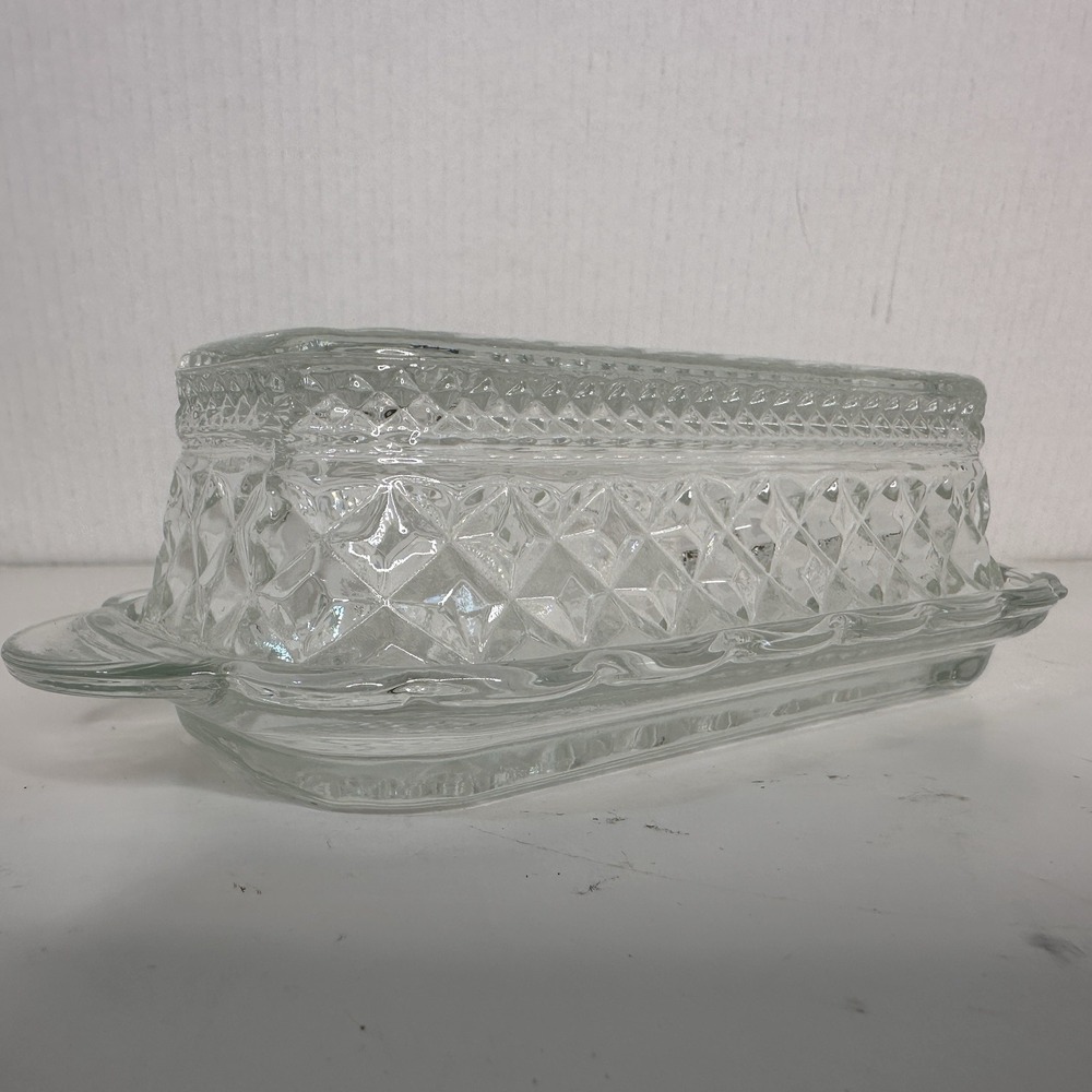 Clear Pressed Glass Butter Dish Scalloped Covered Diamond‎ Pattern Lid 2-Piece